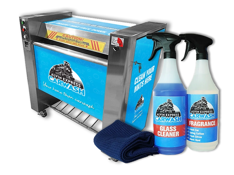 Alvin Express mat cleaner, glass cleaner, fragrance, and towel